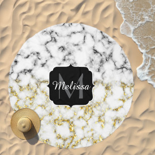 Black and white marble gold sparkle flake Monogram Beach Towel