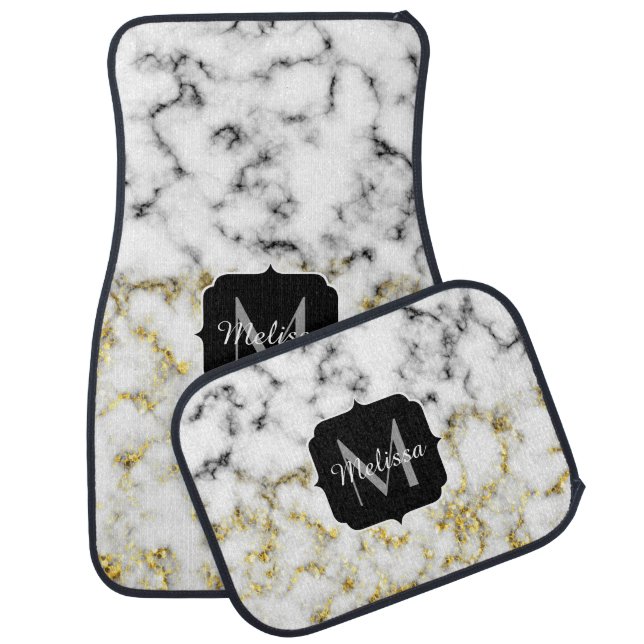 Black and white marble gold sparkle flake Monogram Car Floor Mat (Set)