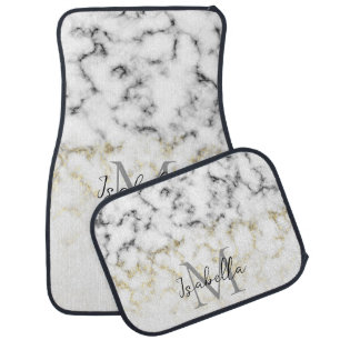 Black and white marble gold sparkle flake Monogram Car Floor Mat