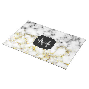 Black and white marble gold sparkle flake Monogram Cloth Placemat