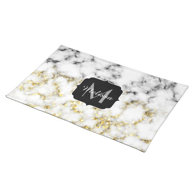 Black and white marble gold sparkle flake Monogram Cloth Placemat (On Table)
