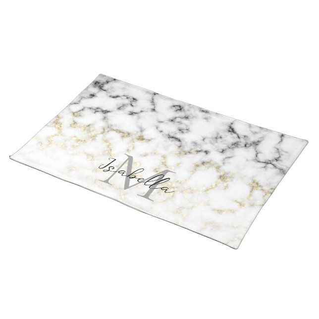 Black and white marble gold sparkle flake Monogram Cloth Placemat (On Table)