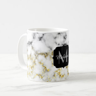 Black and white marble gold sparkle flake Monogram Coffee Mug