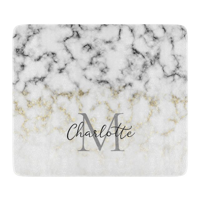 Black and white marble gold sparkle flake Monogram Cutting Board (Front)