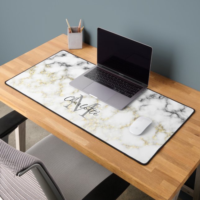 Black and white marble gold sparkle flake Monogram Desk Mat (Office 2)