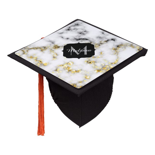 Black and white marble gold sparkle flake Monogram Graduation Cap Topper (Angled)