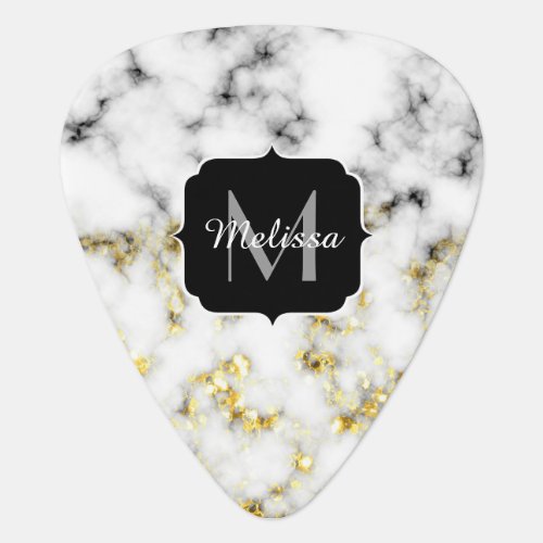 Black and white marble gold sparkle flake Monogram Guitar Pick