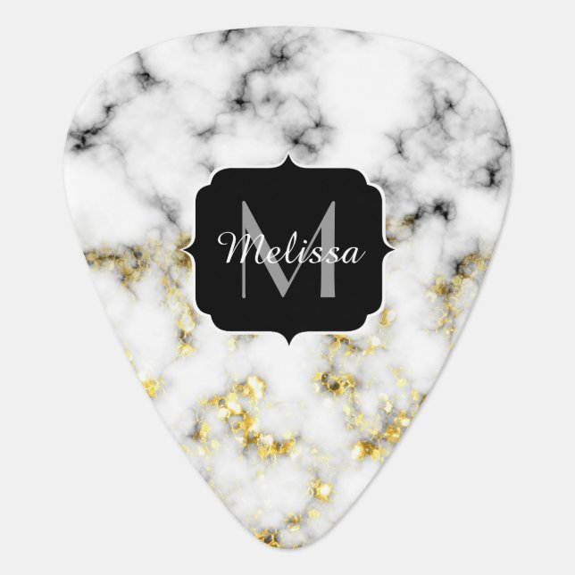 Black and white marble gold sparkle flake Monogram Guitar Pick (Front)