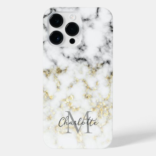 Black and white marble gold sparkle flake Monogram iPhone 14 Pro Max Case