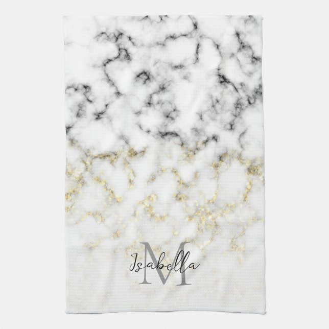 Black and white marble gold sparkle flake Monogram Kitchen Towel (Vertical)