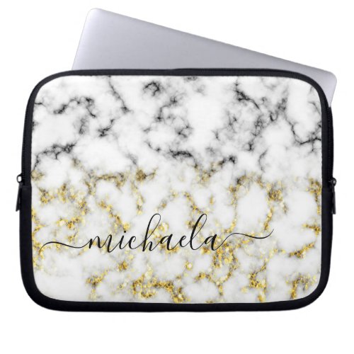 Black and white marble gold sparkle flake Monogram Laptop Sleeve