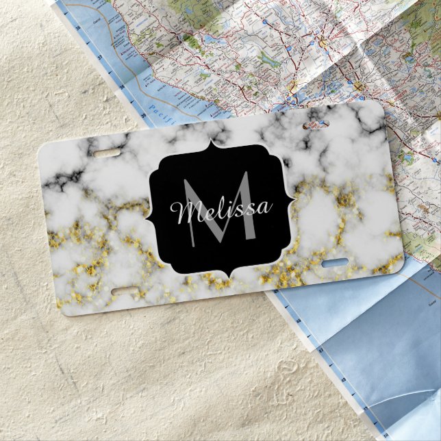 Black and white marble gold sparkle flake Monogram License Plate (In Situ)