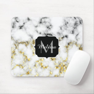 Black and white marble gold sparkle flake Monogram Mouse Pad
