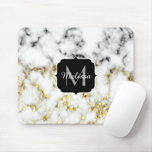 Black and white marble gold sparkle flake Monogram Mouse Pad (With Mouse)