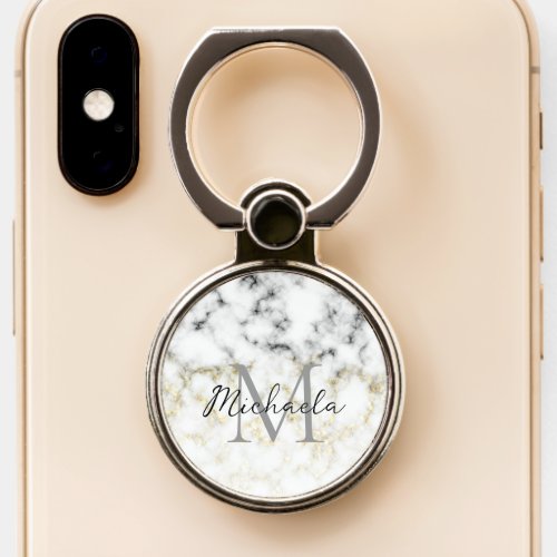 Black and white marble gold sparkle flake Monogram Phone Ring Stand