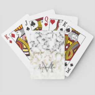 Black and white marble gold sparkle flake Monogram Poker Cards