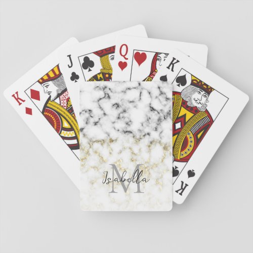 Black and white marble gold sparkle flake Monogram Poker Cards