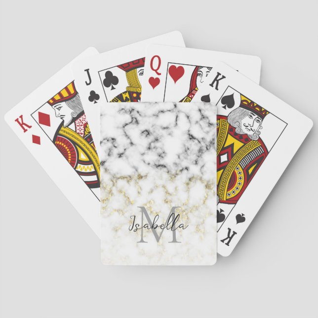 Black and white marble gold sparkle flake Monogram Poker Cards (Back)