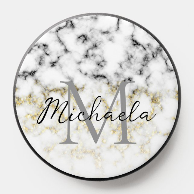 Black and white marble gold sparkle flake Monogram PopSocket (Popsocket)