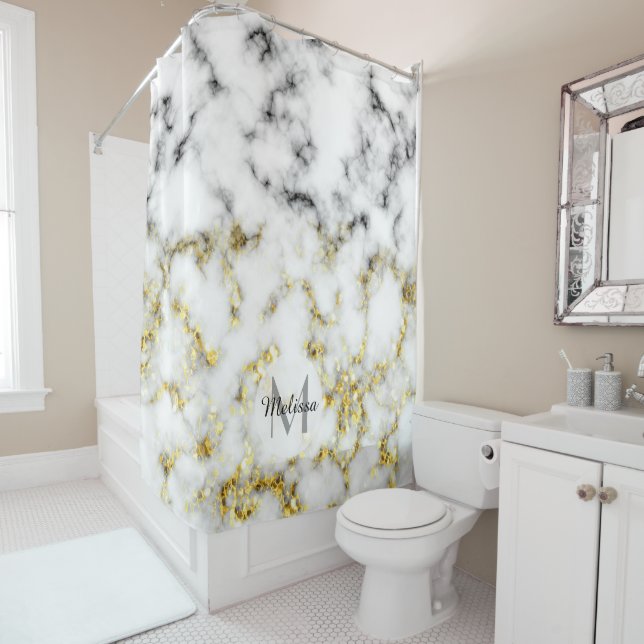 Black and white marble gold sparkle flake Monogram Shower Curtain (In Situ)