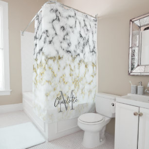 Black and white marble gold sparkle flake Monogram Shower Curtain