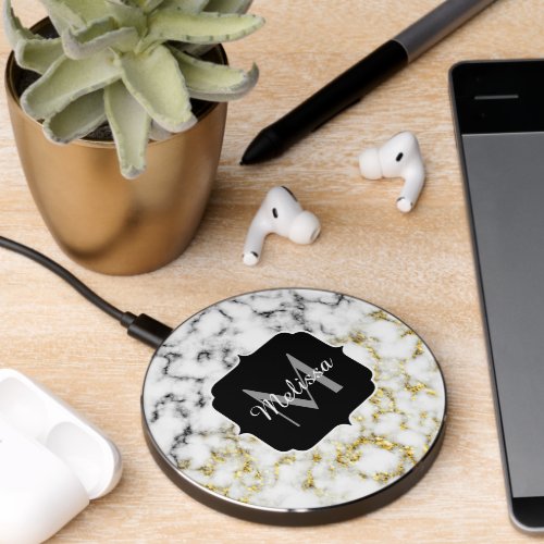 Black and white marble gold sparkle flake Monogram Wireless Charger