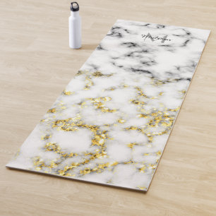 Black and white marble gold sparkle flake Monogram Yoga Mat
