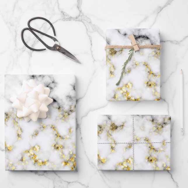 Black and white marble gold sparkle flakes wrapping paper sheets (Front)