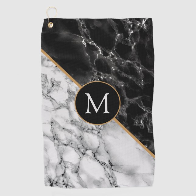 Black and White Marble Golf Towel Custom Letter (Front)