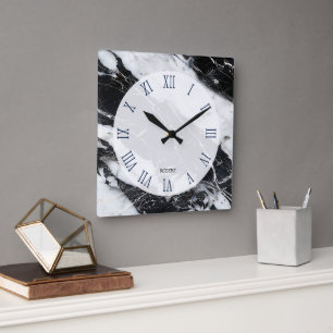 Black and White Marble Image Roman Numerals Square Wall Clock