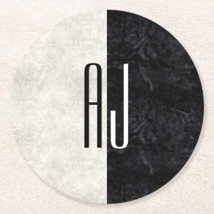 Black and White Marble Initial Monogrammed Round Paper Coaster