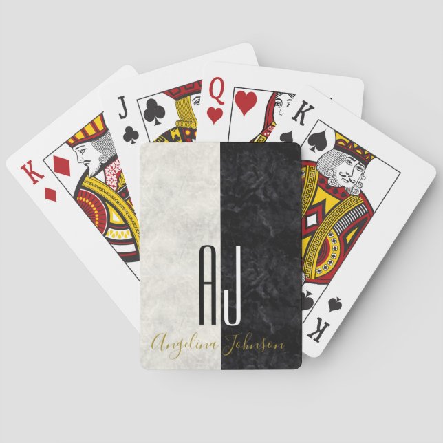 Black and White Marble Initials Monogrammed Poker Cards (Back)