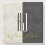 Black And White Marble Initials Monogrammed Stone Coaster at Zazzle