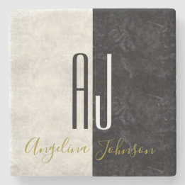Black and White Marble Initials Monogrammed Stone Coaster