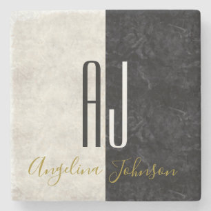 Black and White Marble Initials Monogrammed Stone Coaster