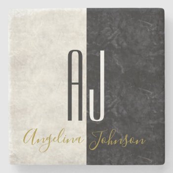 Black And White Marble Initials Monogrammed Stone Coaster by BWGold at Zazzle
