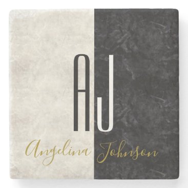 Black and White Marble Initials Monogrammed Stone Coaster