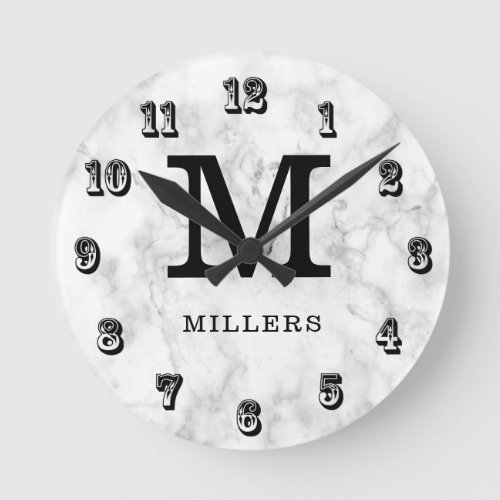 Black And White Marble Monogrammed Round Clock