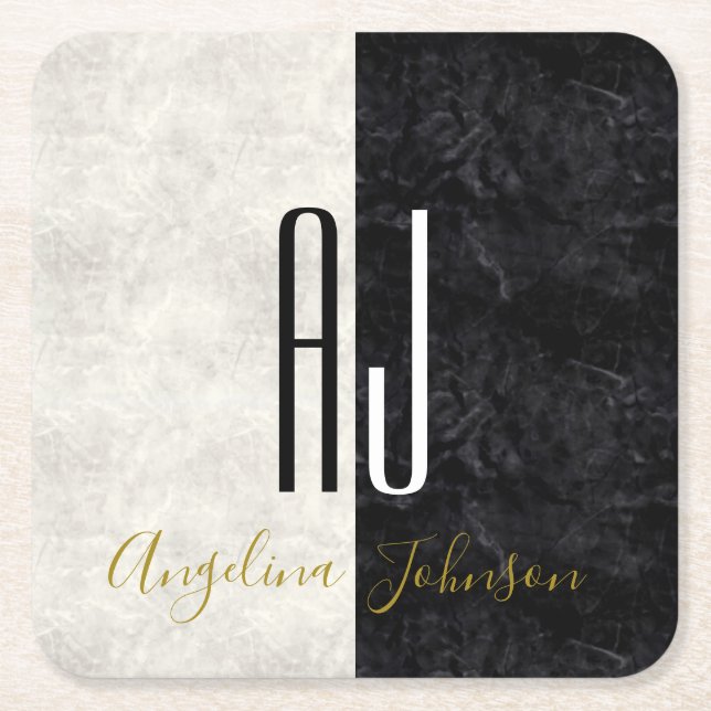 Black and White Marble Monogrammed Square Paper Coaster (Front)