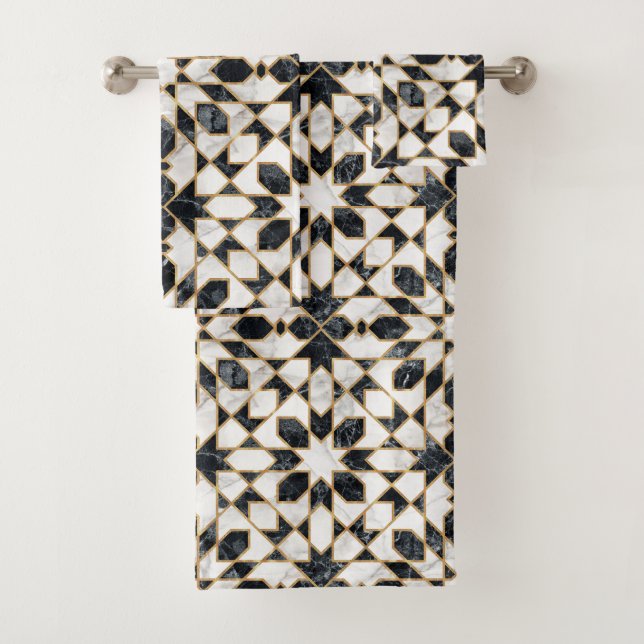 Black and White Marble Moroccan Mosaic Bath Towel Set (Insitu)