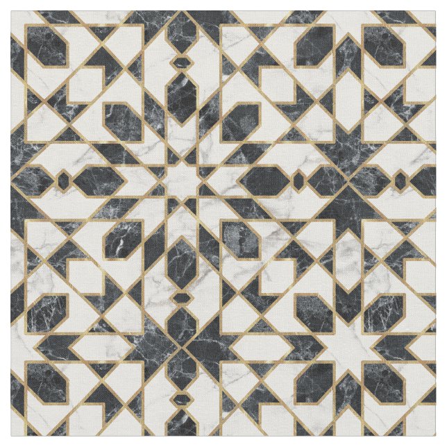 Black and White Marble Moroccan Mosaic Fabric (Close Up)