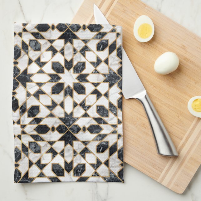 Black and White Marble Moroccan Mosaic  Kitchen Towel (Quarter Fold)