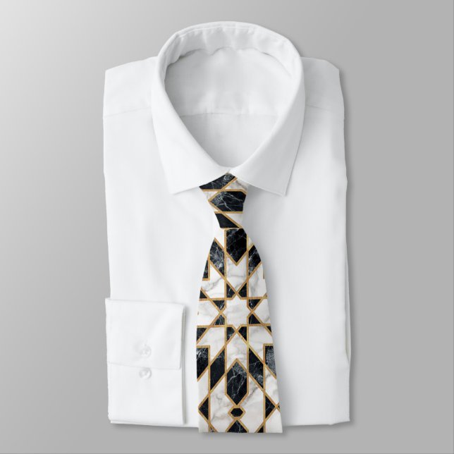Black and White Marble Moroccan Mosaic Neck Tie (Tied)
