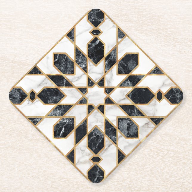 Black and White Marble Moroccan Mosaic Paper Coaster (Front)