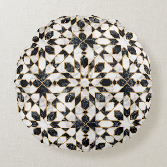 Black and White Marble Moroccan Mosaic Round Pillow (Front)