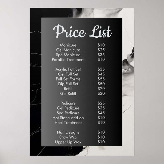 Black and white marble Nail Salon Price List Menu  Poster (Front)