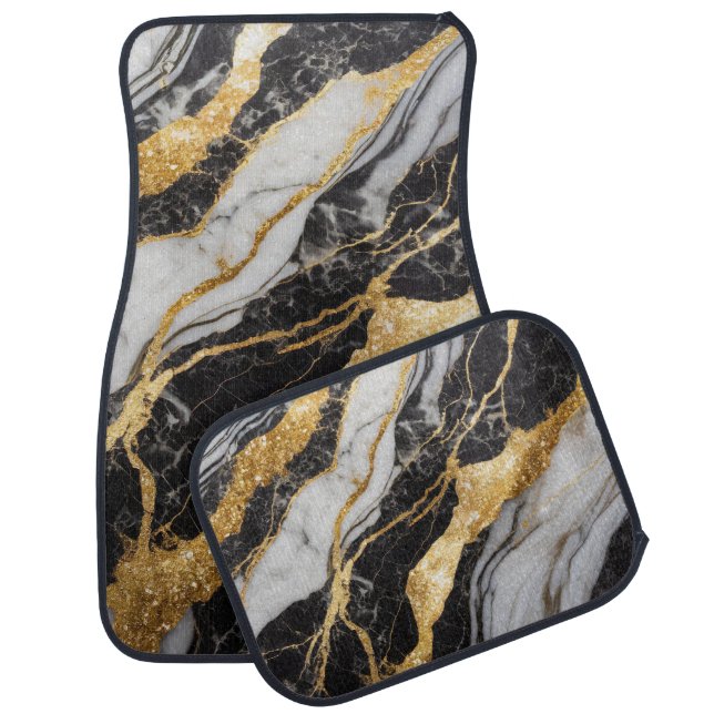 Black and White Marble Pattern with Gold Car Floor Mat (Set)