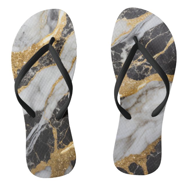 Black and White Marble Pattern with Gold Flip Flops (Footbed)