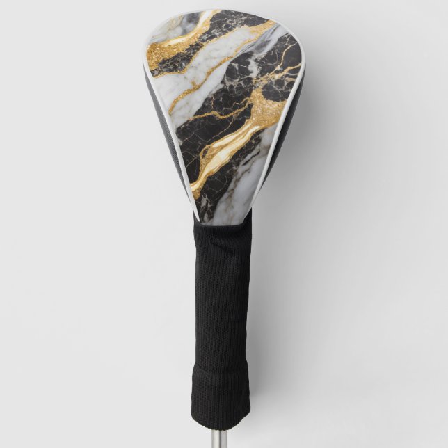Black and White Marble Pattern with Gold Golf Head Cover (Front)