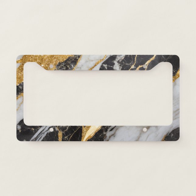 Black and White Marble Pattern with Gold License Plate Frame (Front)